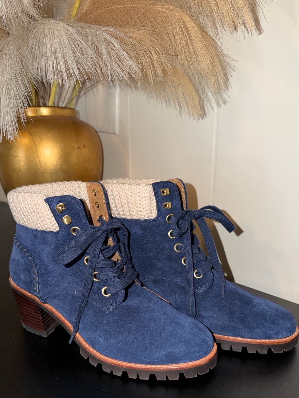 Jack Rogers Navy Suede Lace-Up Ankle Boots with Knit Cuff